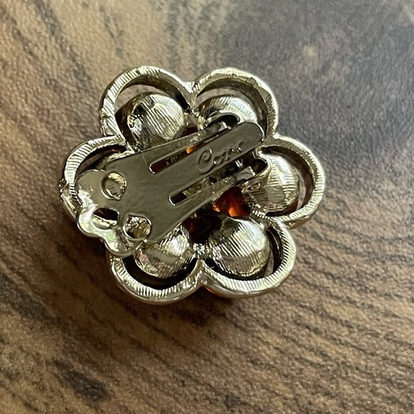 Vintage Coro Earrings Amber Lucite Floral Gold Tone Chunky Clip Signed Flower - Picture 11 of 15